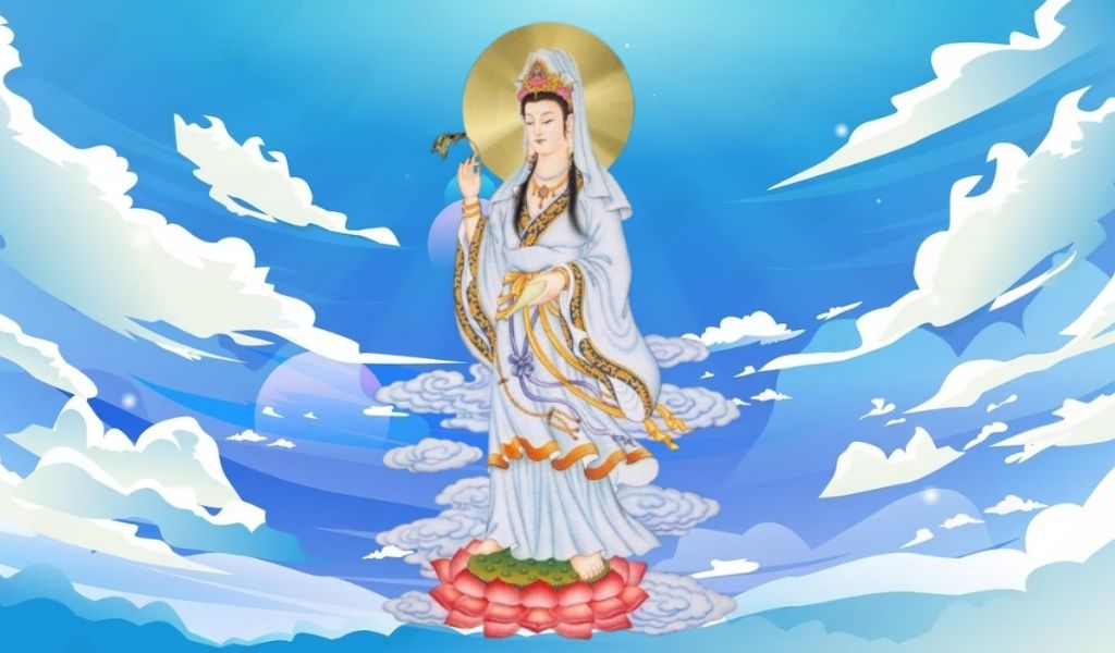 Khám Phá Bí Ẩn Quan Thế Âm Bồ Tát: Truyền Thuyết và Biểu Tượng Linh Thiêng 9 Hình vẽ nhân vật trong trang phục áo choàng trắng đứng trên mây