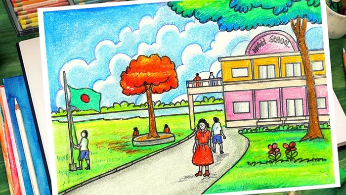 Tranh vẽ đề tài mái trường ước mơ cực kỳ đẹp tranh ve de tai mai truong uoc mo cuc dep 011459327