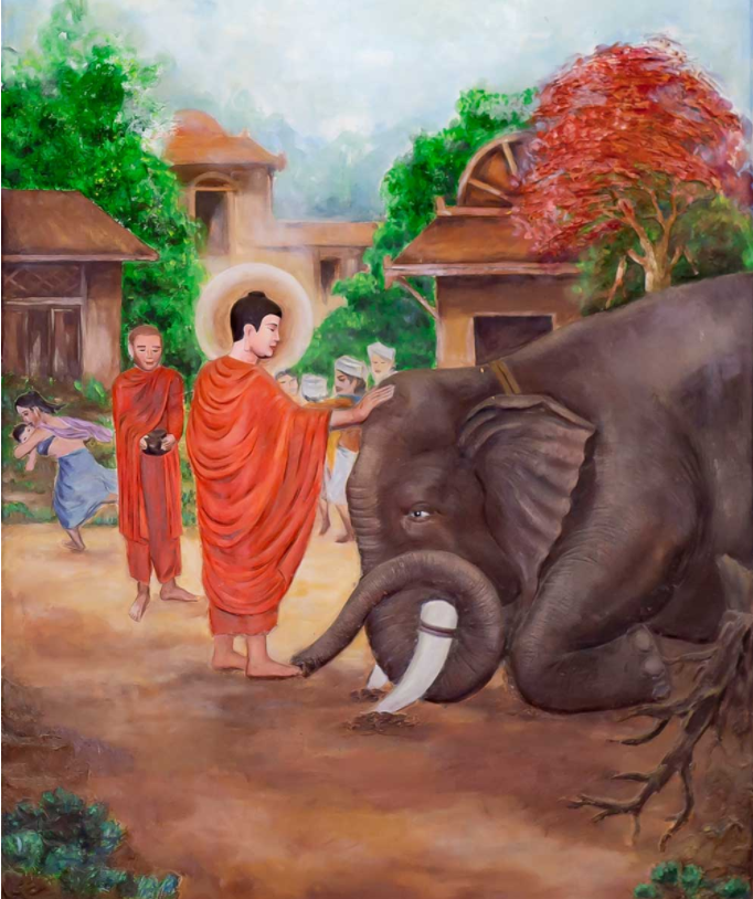 Do cảm nhận được tâm từ bi của Đức Phật nên liền quỳ phục xuống chân Ngài.