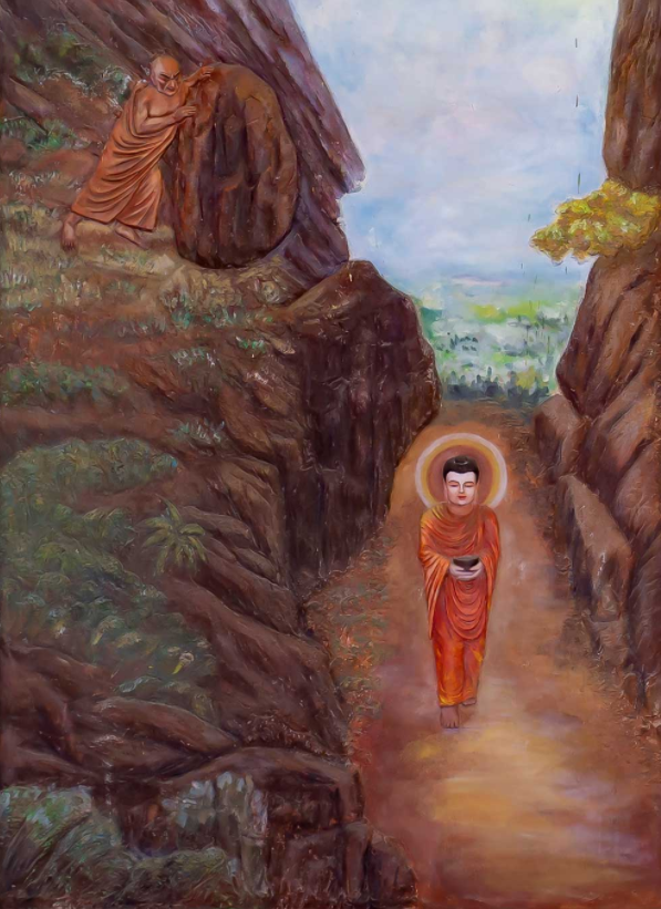 Đề Bà Đạt Đa lăn đá hại Phật khiến Phật bị chảy máu chân