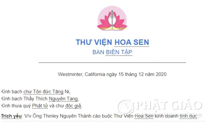 Thông cáo của BBT Thư viện Hoa Sen về cáo buộc của ông Thinley Nguyên Thành.